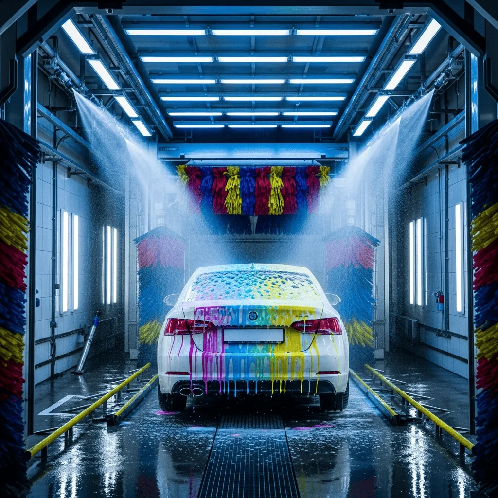 A car moving through the brightly lit Fast Lane wash tunnel