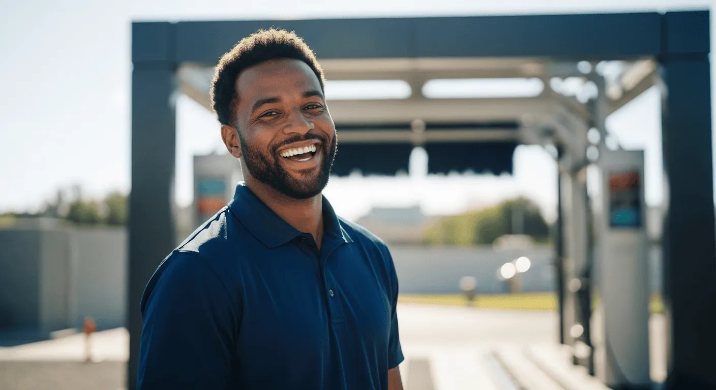 A smiling Fast Lane team member at work