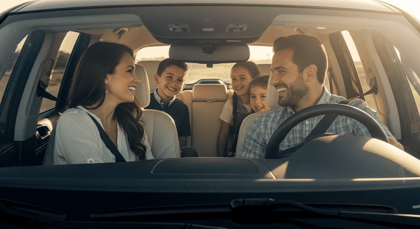 A family smiling inside their freshly washed car