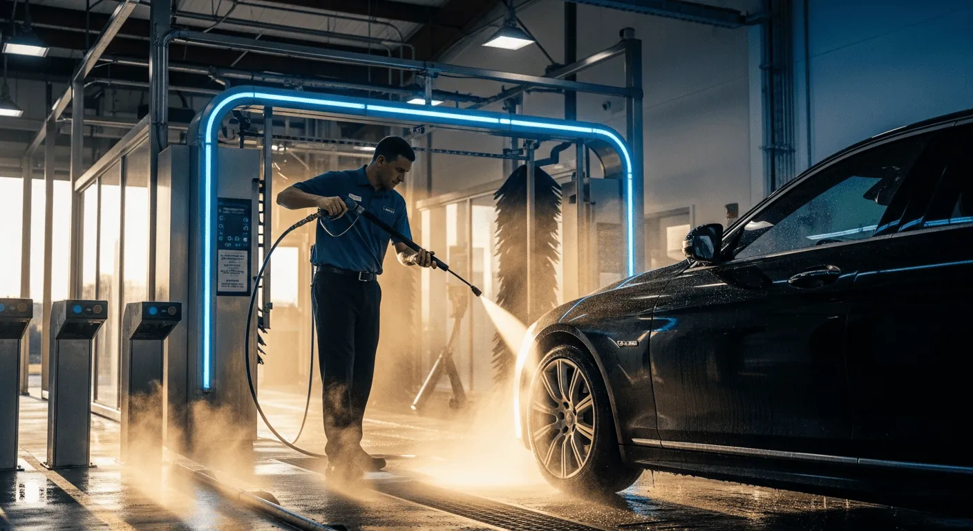 A Fast Lane attendant hand-spraying a car at the tunnel entrance in Argyle