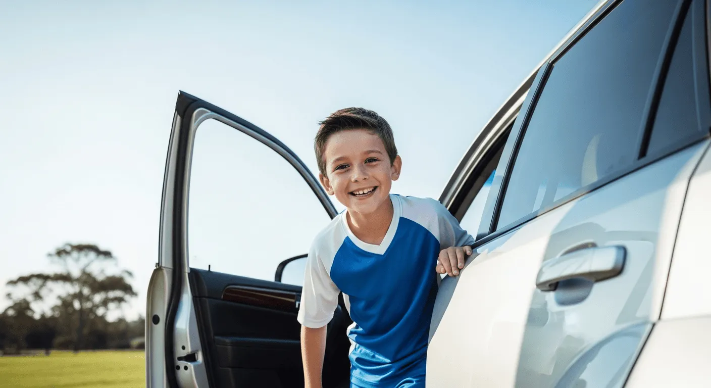 A smiling soccer player stepping out of a freshly washed car